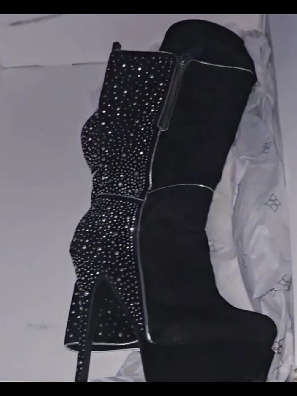 Black Rhinestone Platform Knee-High Boots - Women